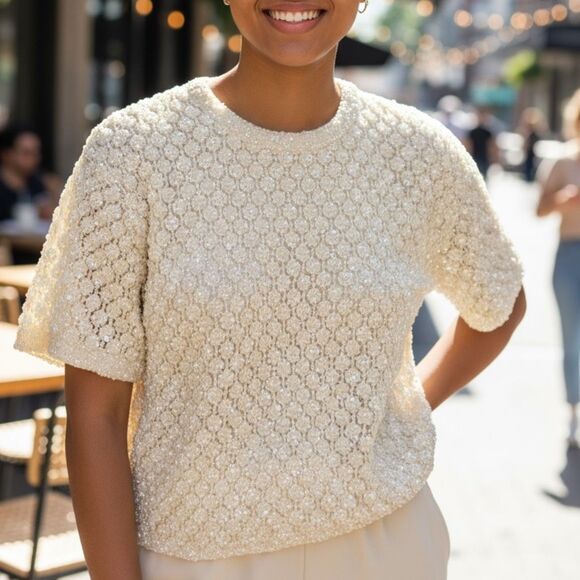 Vintage Handmade Wool Sequin Encrusted Cavanagh’s Off White Sweater Size S Party - Picture 1 of 13